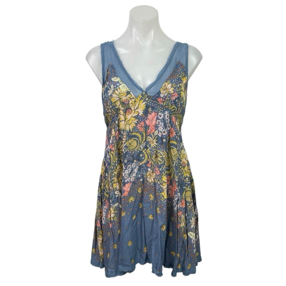 Intimately Free People Blue Sheer Floral Sleeveless Mini A-Line Tank Dress Sz M